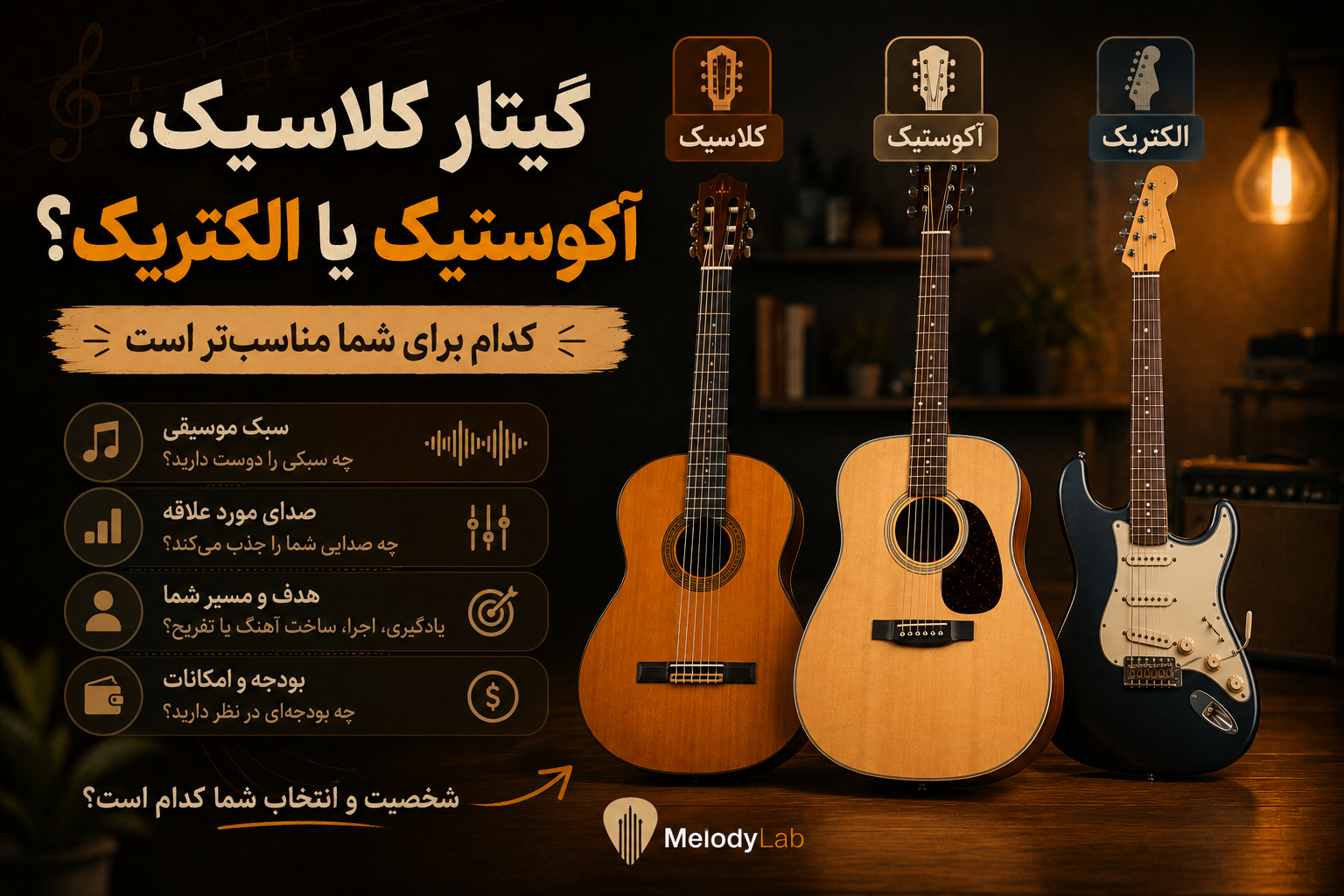 گیتار کلاسیک، آکوستیک یا الکتریک؟ کدام برای شما مناسب‌تر است